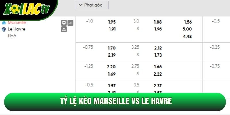 Tỷ lệ kèo Marseille vs Le Havre Tỷ lệ kèo Marseille vs Le Havre
