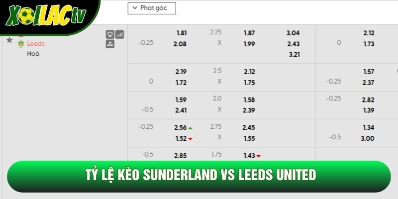Tỷ lệ kèo Sunderland vs Leeds United Tỷ lệ kèo Sunderland vs Leeds United